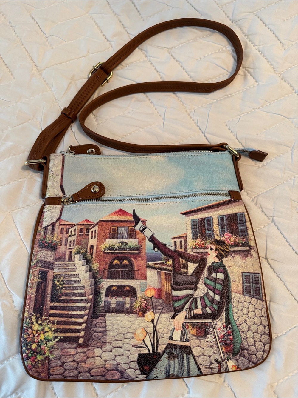 Women's Brown Crossbody Bag with Scenic Print